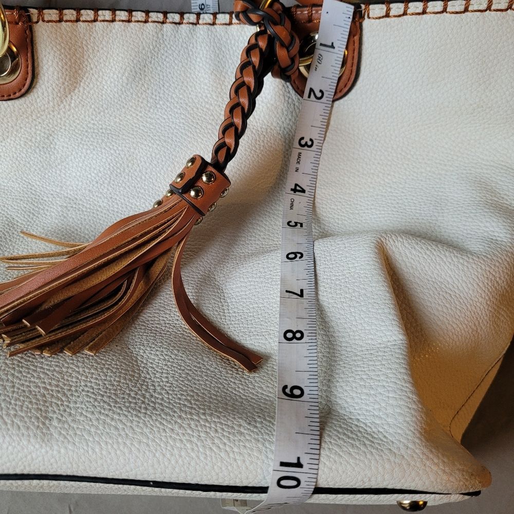 Off White and Brown Leather Tote Shoulder Bag - Picture 3 of 8